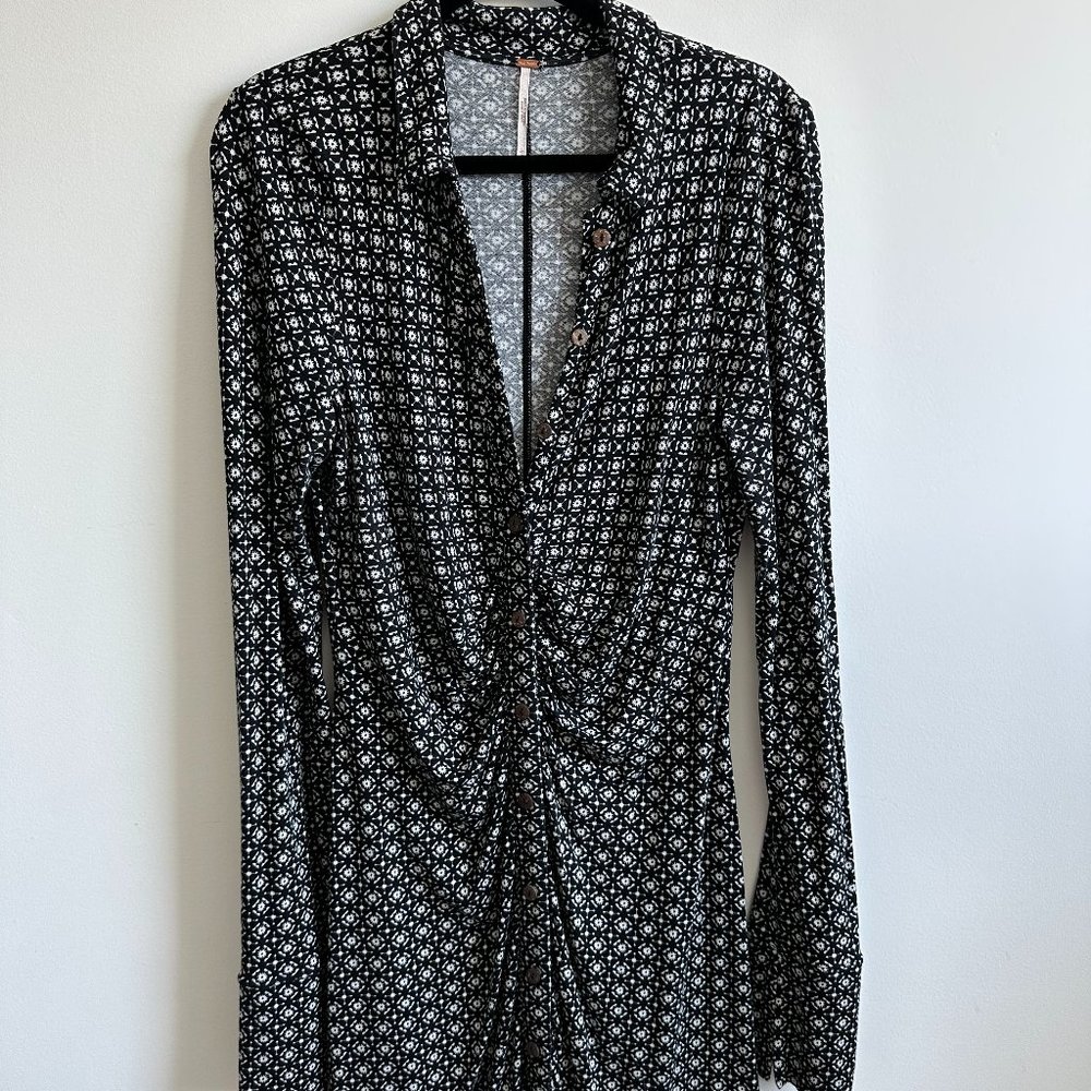 Free People Shayla Printed Mini Dress Button Down Size L Black & White Pattern